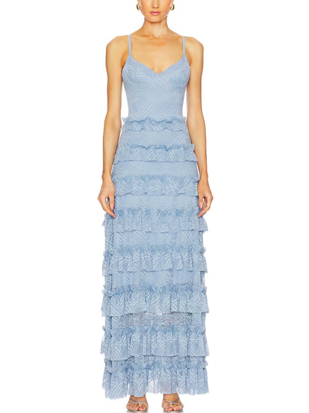 OW Collection Ash Blue Marina Ruffle Lace Maxi Dress Small